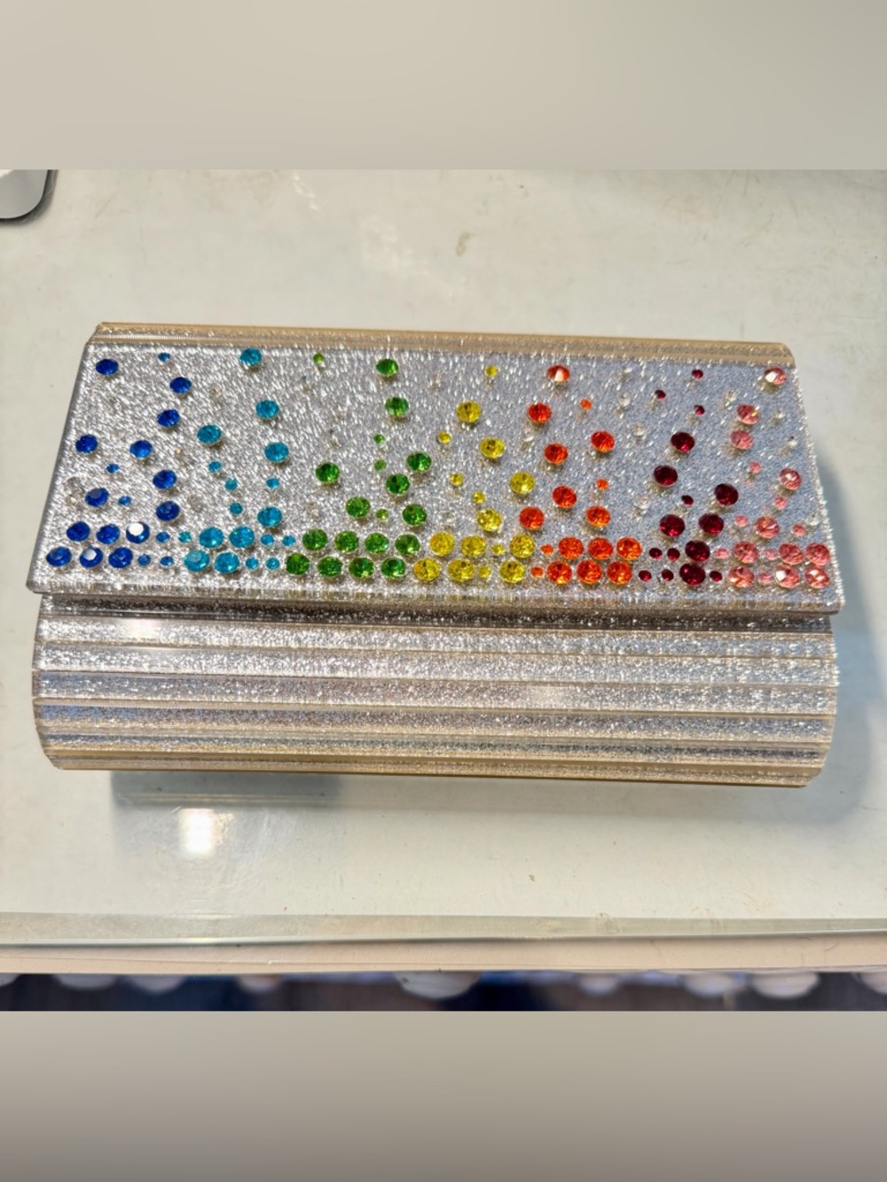 NWT Kirk Geiger Silver Rainbow Crystal Evening Clutch in box